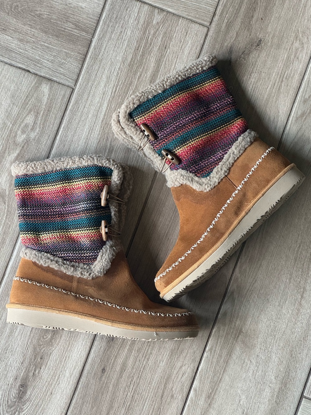 Women’s Hippie Style Boho Tan Suede Winter Boots with Multicolor Knit Cuff